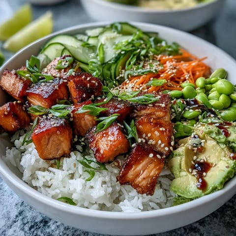 Golden-baked salmon cubes nestled on fluffy jasmine rice with crisp cucumber, carrots, and creamy avocado slices for a balanced meal.