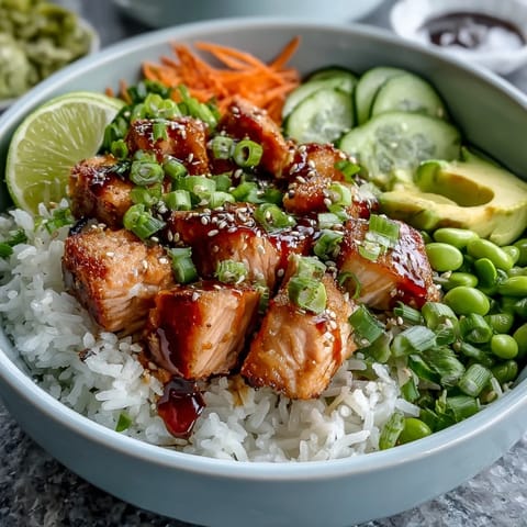 Colorful Baked Salmon Rice Bowl topped with edamame, green onions, and sesame seeds, drizzled with spicy sriracha mayo and fresh lime wedges.