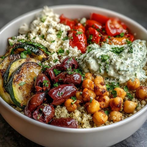 A vibrant Mediterranean Buddha Bowl with roasted zucchini, bell peppers, and chickpeas on fluffy quinoa.