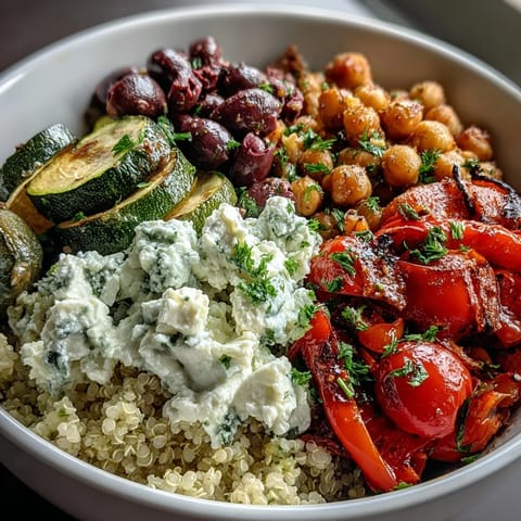 Hearty Mediterranean Buddha Bowl topped with creamy hummus, Greek yogurt, feta, and tangy olives.