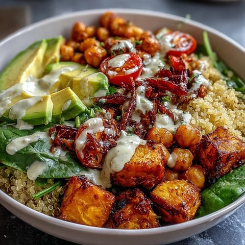A colorful Buddha Bowl with quinoa, roasted sweet potatoes, crispy chickpeas, fresh veggies, and creamy garlic tahini dressing on a rustic table.  