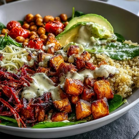 Close-up of a Buddha Bowl featuring fluffy quinoa, caramelized sweet potatoes, crunchy chickpeas, avocado, and a drizzle of garlicky tahini dressing.  