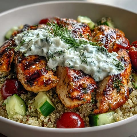 A close-up of a colorful Greek Chicken Power Bowl, featuring tender marinated chicken, quinoa, and a generous dollop of cool, garlicky tzatziki.