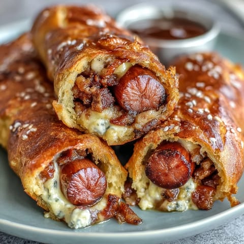 Golden crescent-wrapped mini hot dogs with exposed ends, perfect for game day snacks or kid-friendly appetizers.  