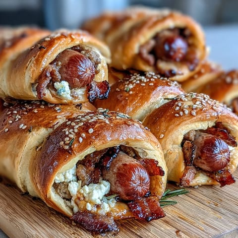 Bite-sized hot dogs in flaky crescent roll dough, brushed with egg wash and sprinkled with sesame seeds for extra crunch.  