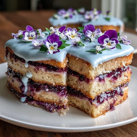 Spring Cake with Pressed Edible Flowers: A delicate vanilla cake adorned with soft cream and vibrant pressed blossoms for a fresh, elegant dessert.  