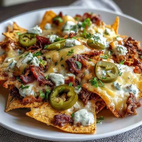 Crispy tortilla chips loaded with seasoned beef, gooey cheese sauce, and zesty jalapeños—perfect for game day snacking.