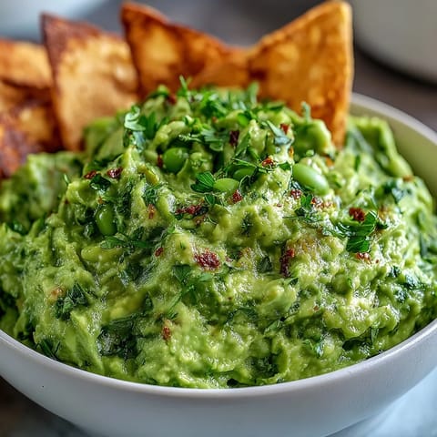 Protein-packed edamame guacamole blended with lime and spices, paired with golden whole wheat pita chips.  