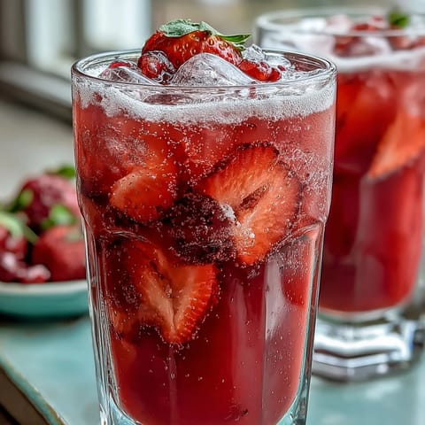 A vibrant pink drink with fresh strawberry slices and açaí swirls in creamy coconut milk, served over ice for a refreshing summer treat.