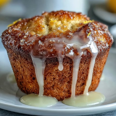 Fresh lemon poppy seed muffins with a glossy lemon glaze, perfect for a bright spring brunch table.