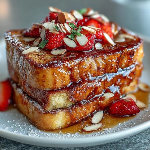 A golden, custardy strawberry French toast bake with juicy berries and toasted almonds, perfect for a spring brunch centerpiece.