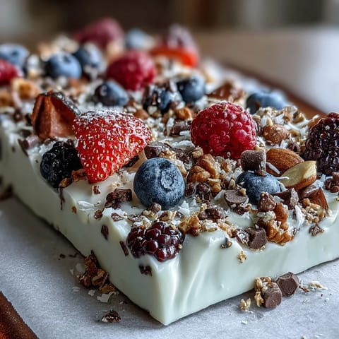 Frozen yogurt bark with berries and granola, a colorful and refreshing summer treat, perfect for a healthy snack or dessert.
