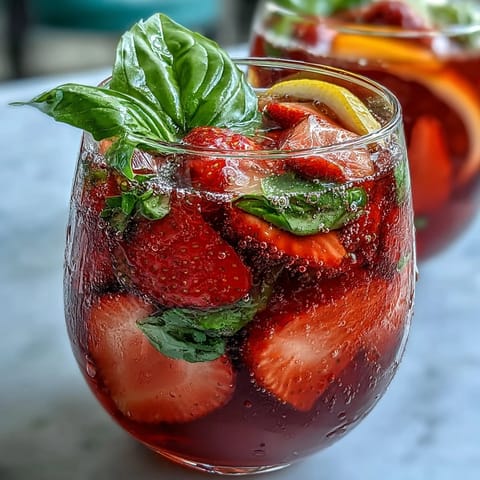 Strawberry Basil Sangria Mocktail with fresh fruit and fragrant basil in a glass pitcher, perfect for summer gatherings.