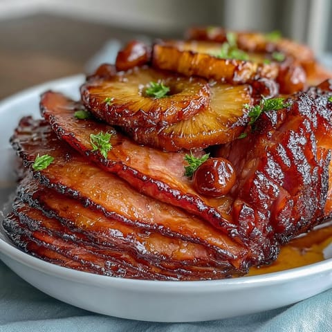 Golden honey glazed ham with pineapple rings and cherries, baked to perfection for a festive Easter centerpiece.  