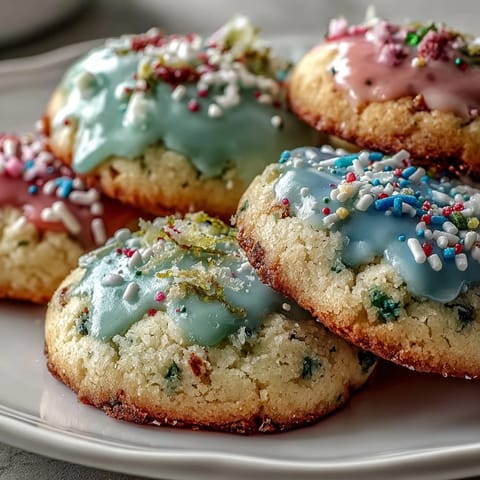 Delicate lemon sugar cookies topped with swirled pastel glaze, adding a bright and cheerful dessert to any table.  