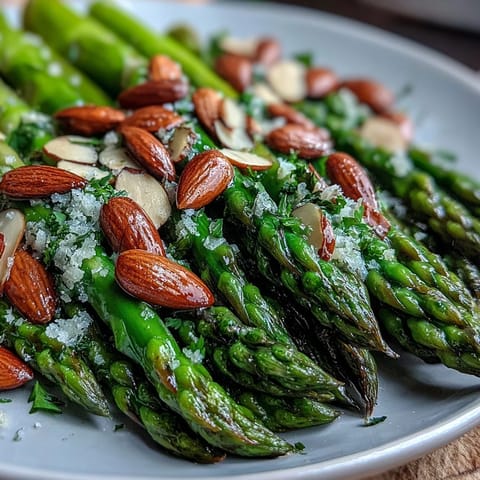 Fresh asparagus spears glistening in lemon butter, topped with golden toasted almonds for a crisp, nutty bite.