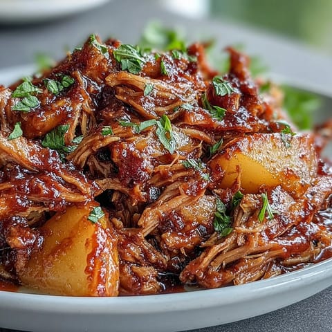 Honey peach BBQ pulled pork in a slow cooker, topped with juicy peaches and drizzled with sweet honey glaze.