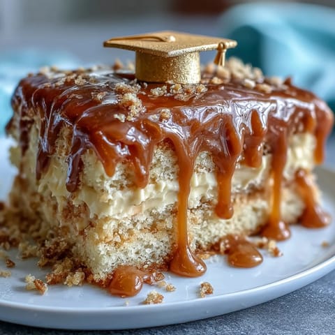 A golden drip sheet cake with a mortarboard topper, perfect for celebrating graduation with style and sweetness.