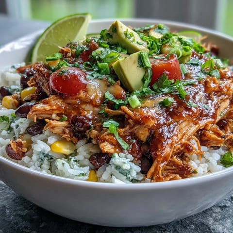 Slow-cooked salsa chicken piled high on a bed of rice, topped with black beans, corn, cheese, and a squeeze of fresh lime.  