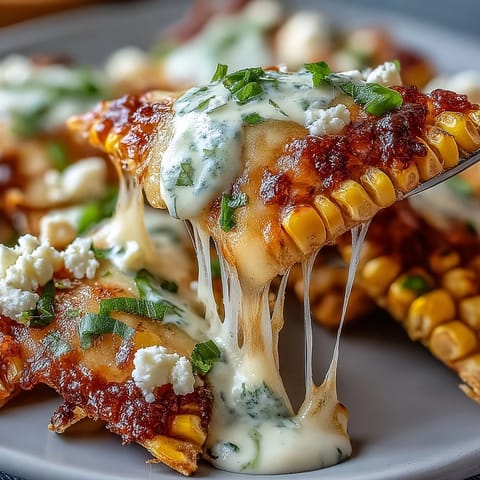 Crispy tortilla chips loaded with charred corn, melted Monterey Jack and cheddar cheeses, and topped with creamy chipotle crema.  