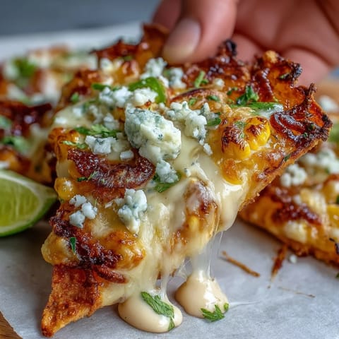 Vibrant Cinco de Mayo elote nachos bursting with Mexican street corn flavors, fresh cilantro, and a smoky chipotle drizzle.  