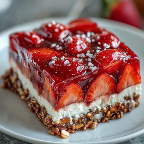 Vibrant Memorial Day Strawberry Pretzel Salad with creamy cheesecake, fresh strawberries, and a sweet-salty pretzel crust in a clear glass dish.