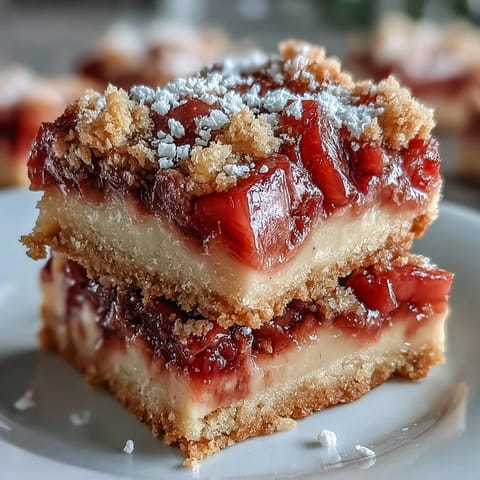 Tangy rhubarb custard bars with buttery shortbread crust, a classic springtime dessert perfect for gatherings.