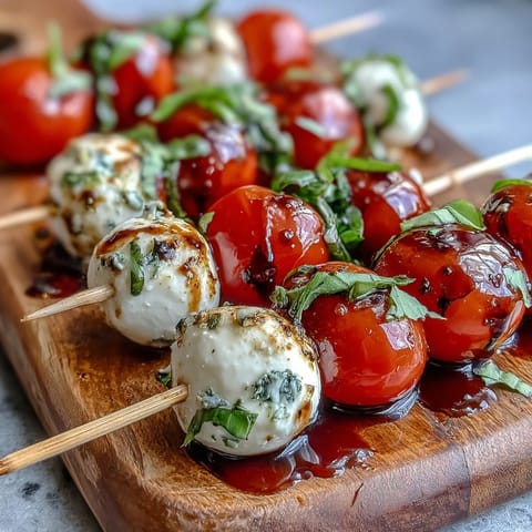 Mini Caprese skewers: vibrant cherry tomatoes, mozzarella, basil, drizzled with balsamic glaze.