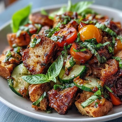 Vibrant Summer Panzanella with grilled bread, showcasing colorful tomatoes and fresh basil.