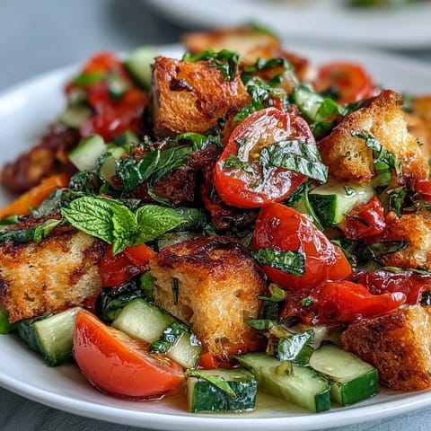 Juicy Summer Panzanella salad, featuring toasted bread chunks and crisp garden vegetables.