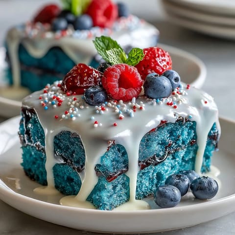 Festive Patriotic Poke Cake with creamy white chocolate ganache, ready for celebrations.