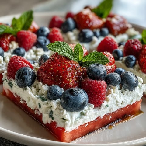 Festive 4th of July Watermelon Pizza topped with vibrant berries and creamy frosting.