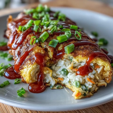 Japanese Omurice with ketchup rice, a fluffy omelet, drizzled with ketchup.