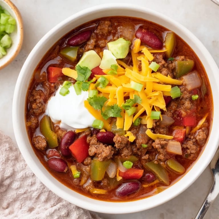 Hearty Chili con Carne simmering in a Dutch oven, featuring kidney beans and colorful peppers for a cozy family meal.