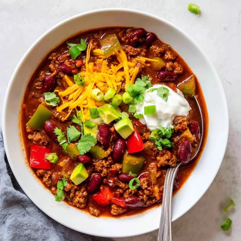 A warm bowl of Chili con Carne served with cornbread, garnished with diced avocado and green onions for a Tex-Mex dinner.