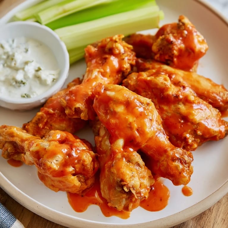 Sizzling Buffalo Wings glazed in spicy buttery sauce, garnished with celery and blue cheese dip.