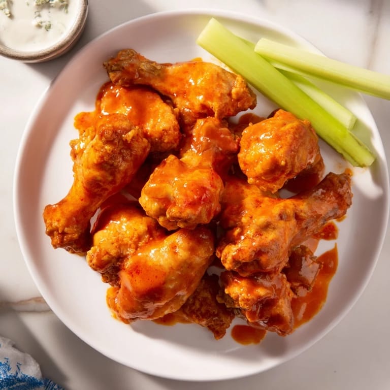Buffalo Wings piled high with celery sticks and creamy blue cheese dip, ready for game day.