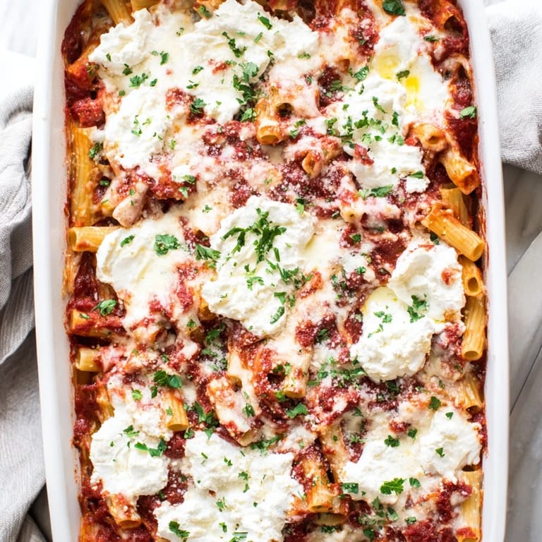 Hearty Italian-American baked ziti pasta with gooey mozzarella and parmesan, steaming in a white baking dish with a wooden spoon.