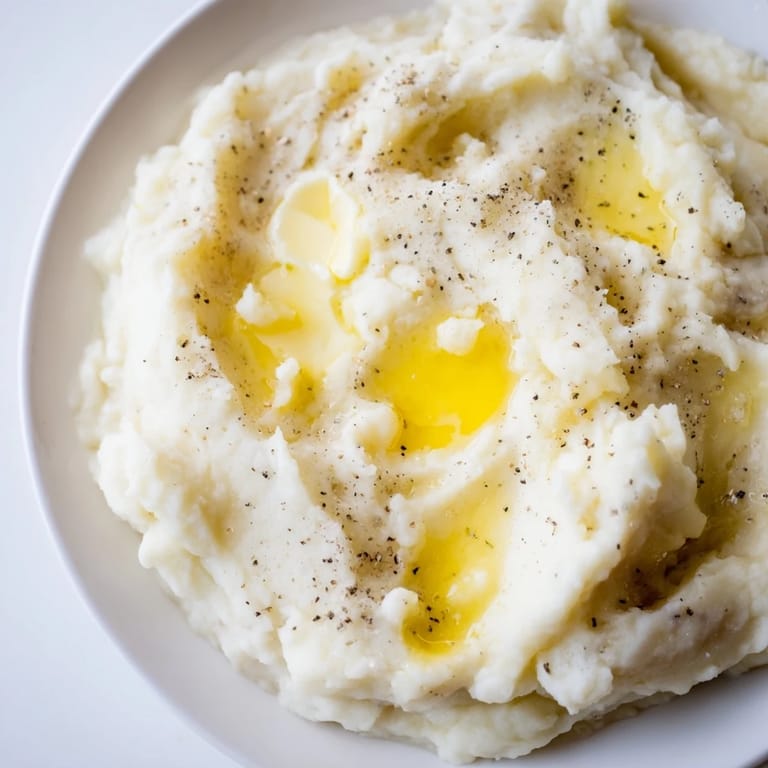 Comforting Mashed Potatoes with a velvety texture, topped with a pat of butter and parsley.