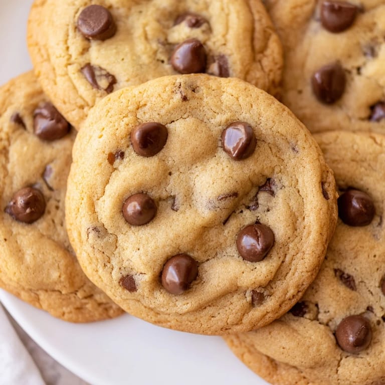 A close-up of Chocolate Chip Cookies with soft centers, arranged with a cold glass of milk.