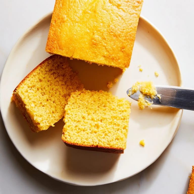 Skillet of homemade cornbread with a golden-brown crust and tender crumb, topped with a drizzle of honey on a rustic wooden table.