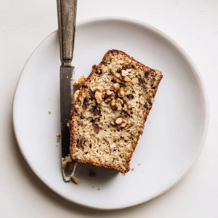 A thick slice of Banana Bread on a plate with melting butter, ready for breakfast.