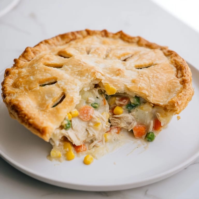Spoon lifting a bite of Chicken Pot Pie from a dish, showing tender chicken and vegetables in rich sauce.