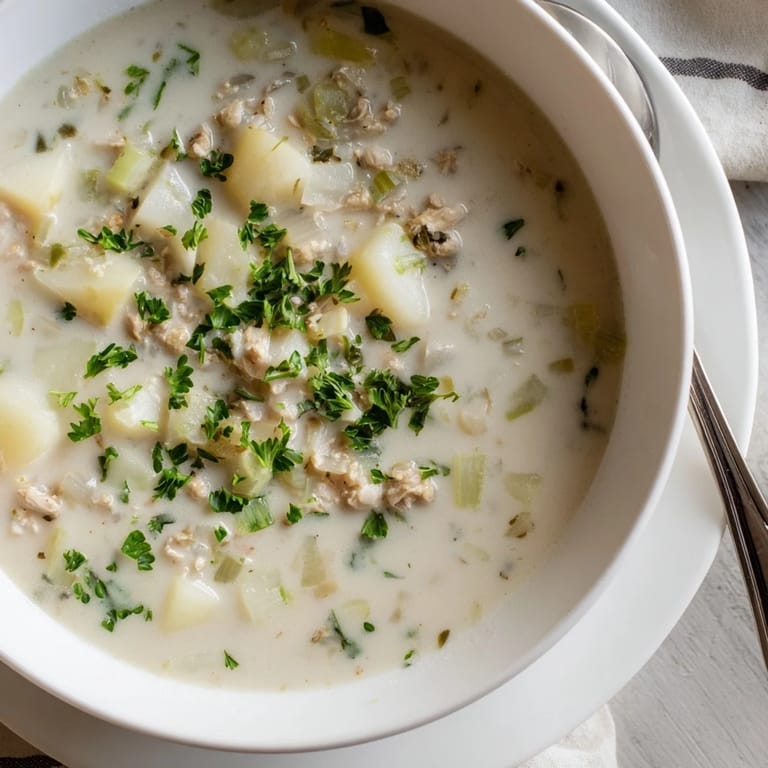 A ladle scoops rich Clam Chowder with tender potatoes and clams, steam rising from the hearty soup.