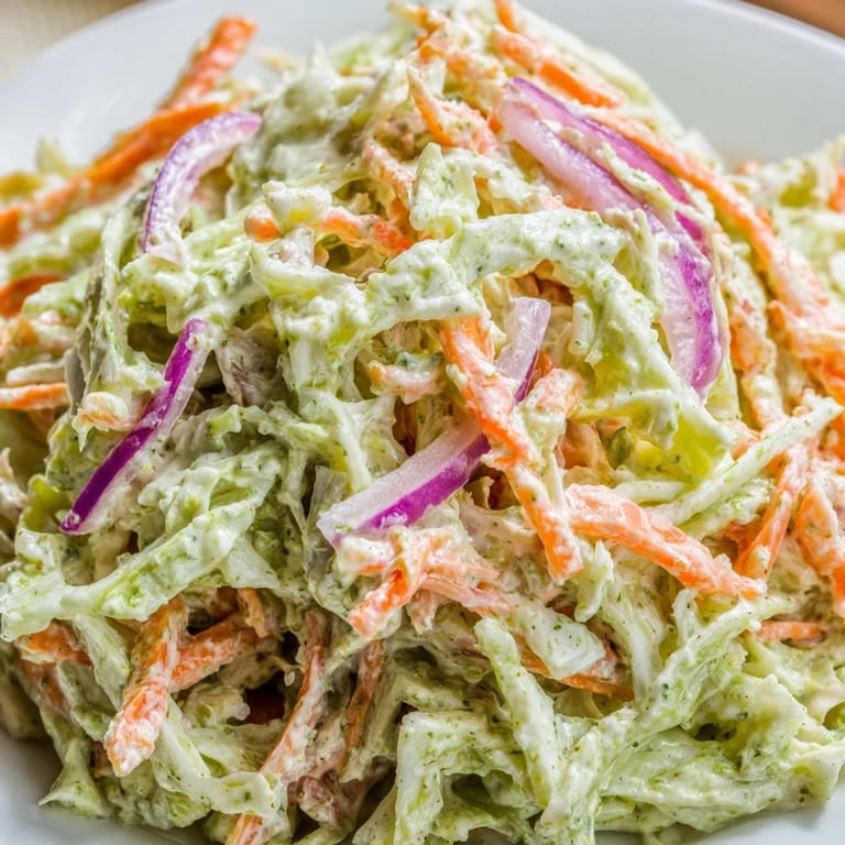 Cold, tangy Coleslaw in a rustic serving dish, perfect for a summer barbecue plate with pulled pork.
