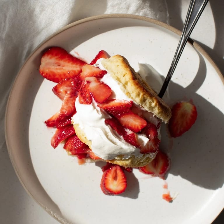 Homemade Strawberry Shortcake dessert plated with a fork, featuring vibrant red berries and pillowy whipped cream, perfect for a summer treat.