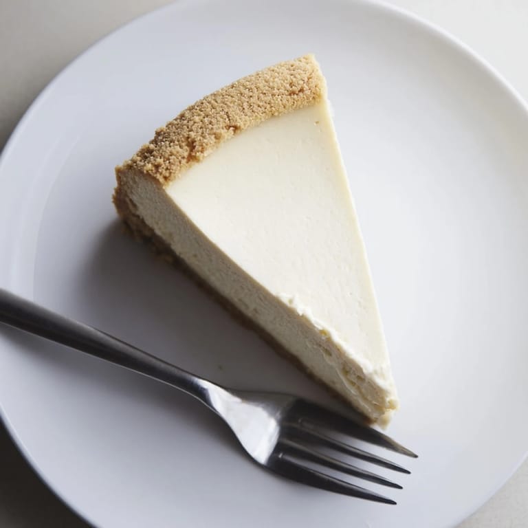 Creamy New York cheesecake sits on a white plate, showcasing a dense texture and golden graham cracker base.