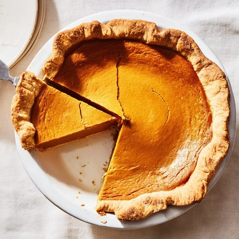 Classic Pumpkin Pie is served on a festive plate with a warm cup of coffee nearby for a cozy autumn treat.