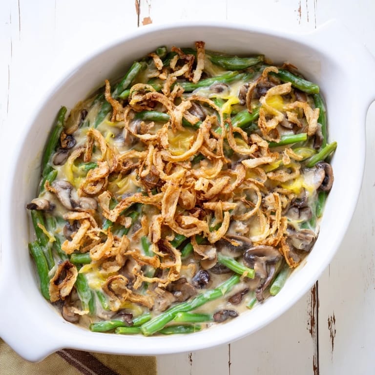 A close-up of classic Green Bean Casserole with golden brown, crunchy fried onion topping.