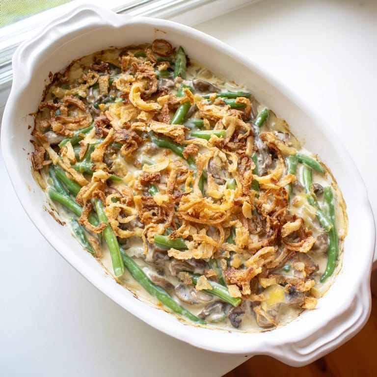 Homemade Green Bean Casserole in a baking dish, ready for Thanksgiving dinner with family.